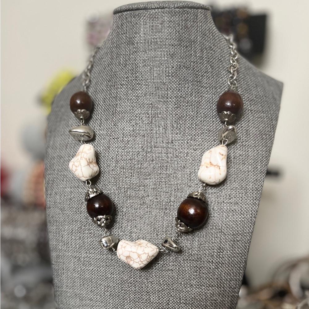 Handcrafted White Stone & Brown Wood Beaded Necklace